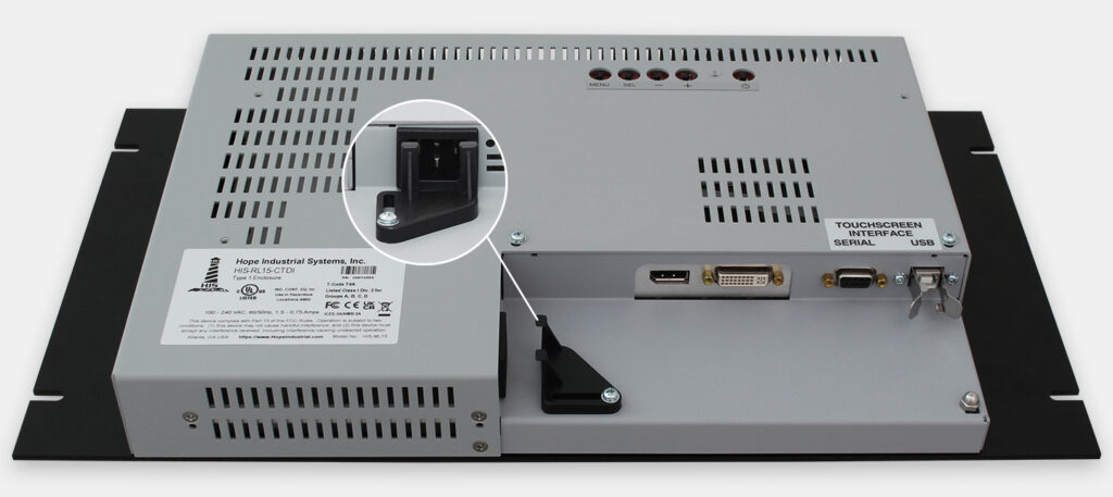 15-Zoll-Industrie-Rackmonitore und robuste IP20-Touchscreens, Ansicht AC-Kabelausgang