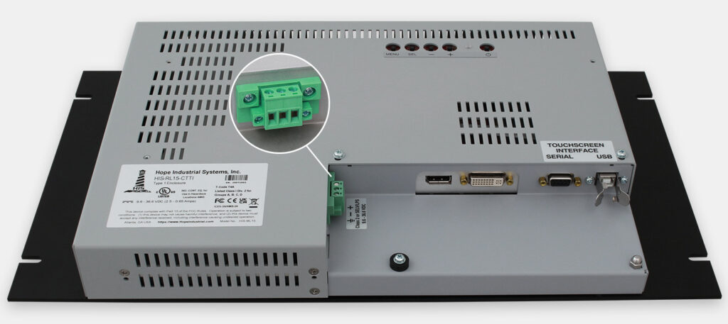 15-Zoll-Industrie-Rackmonitor und robuste IP20-Touchscreens, Ansicht DC-Kabelausgang