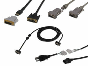Kabelkanal-Kabelpeitsche (abgebildet: DVI, Seriell, VGA und Strom)