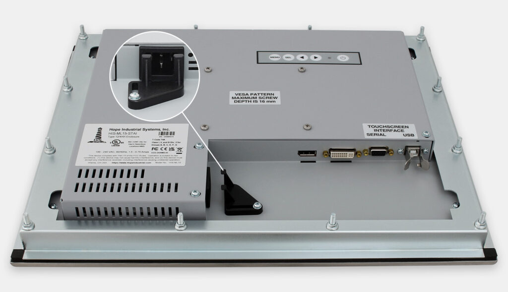 15-Zoll-Industrie-Einbaumonitore und robuste Touchscreens der Schutzart IP65/IP66, Ansicht AC-Kabelausgang
