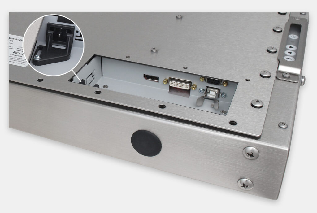 15-Zoll-Industriemonitore mit Universalhalterung und robuste Touchscreens der Schutzart IP65/IP66, Ansicht AC-Kabelausgang