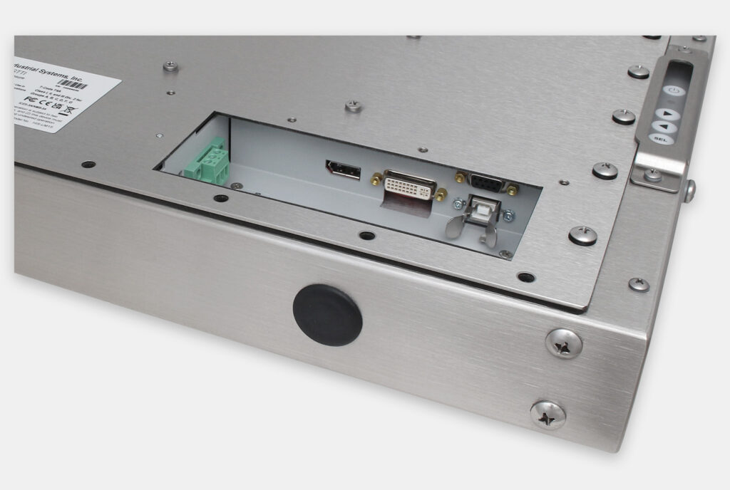 15-Zoll-Industriemonitore mit Universalhalterung und robuste Touchscreens der Schutzart IP65/IP66, Ansicht DC-Kabelausgang