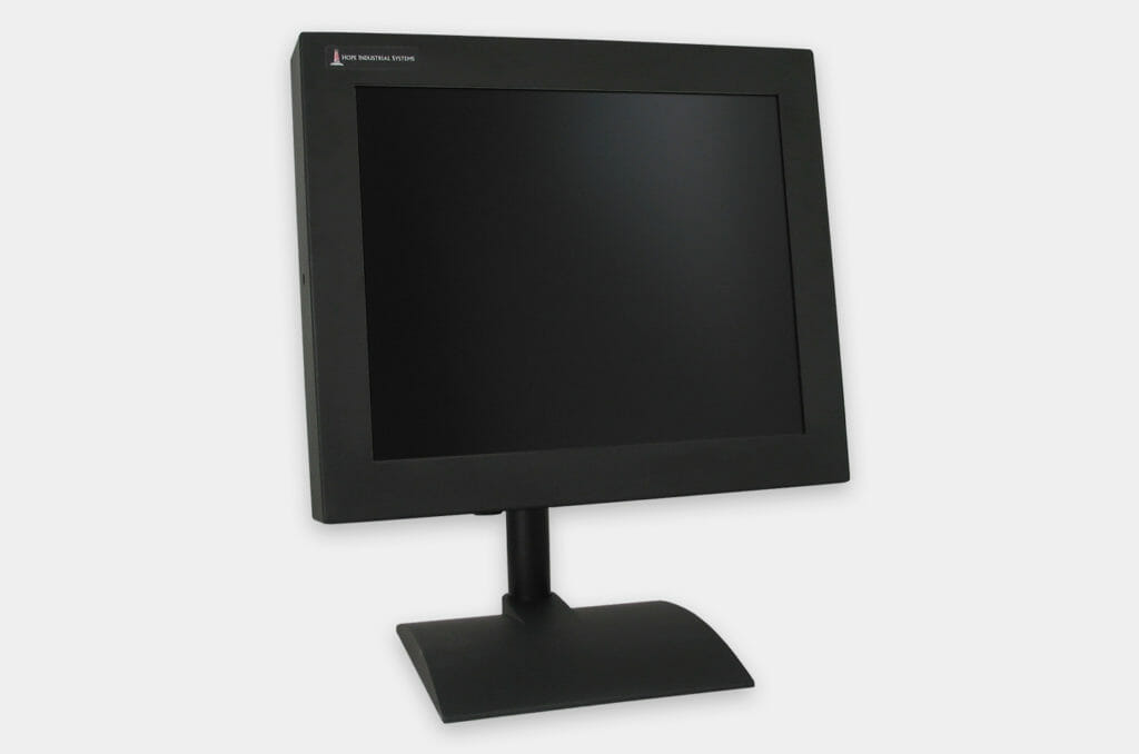 VESA-Tischständer für Industrie-Monitore, Frontansicht mit Monitor