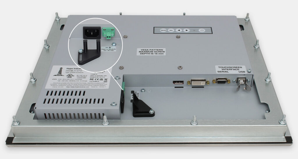 17-Zoll-Industrie-Einbaumonitore und robuste Touchscreens der Schutzart IP65/IP66, Ansicht Kabelausgang