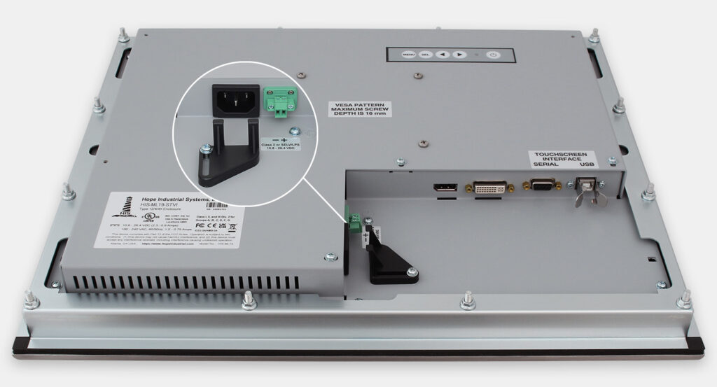 19-Zoll-Industrie-Einbaumonitore und robuste Touchscreens der Schutzart IP65/IP66, Ansicht Kabelausgang