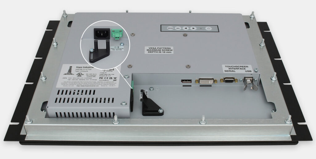 17-Zoll-Industrie-Rackmonitore und robuste Touchscreens nach IP20, Ansicht Kabelausgang