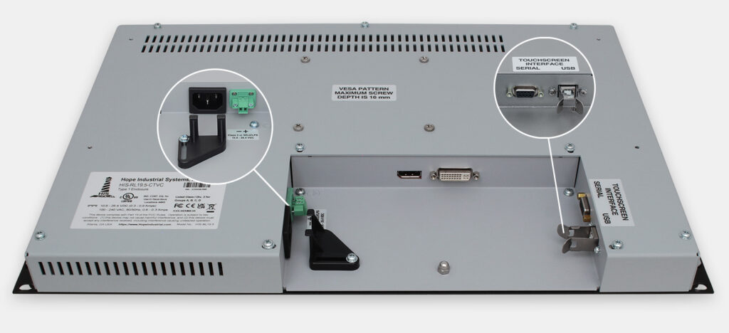 19,5-Zoll-Breitbild-Industrie-Rackmonitore und robuste IP20-Touchscreens, Ansicht Kabelausgang