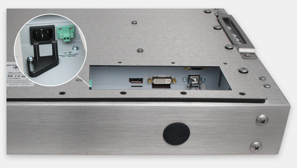 17-Zoll-Industriemonitore mit Universalhalterung und robuste Touchscreens der Schutzart IP65/IP66, Ansicht Kabelausgang