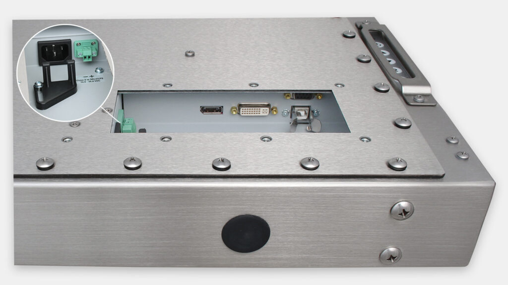 19-Zoll-Industriemonitore mit Universalhalterung und robuste Touchscreens der Schutzart IP65/IP66, Ansicht Kabelausgang